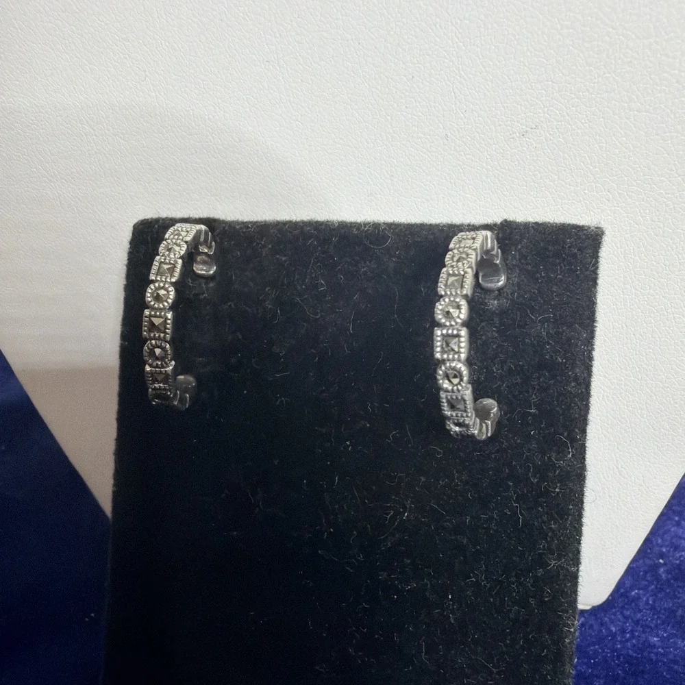 Vintage Sterling Silver 925 Marcasite Hoop Earrings Jewelry 4.5g